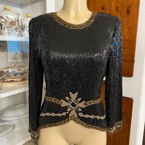 NAGPAL black sequins & gold glass bead on a Silk long sleeve Blouse